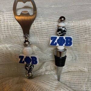 Blue and White Bottle Opener and Stopper Set